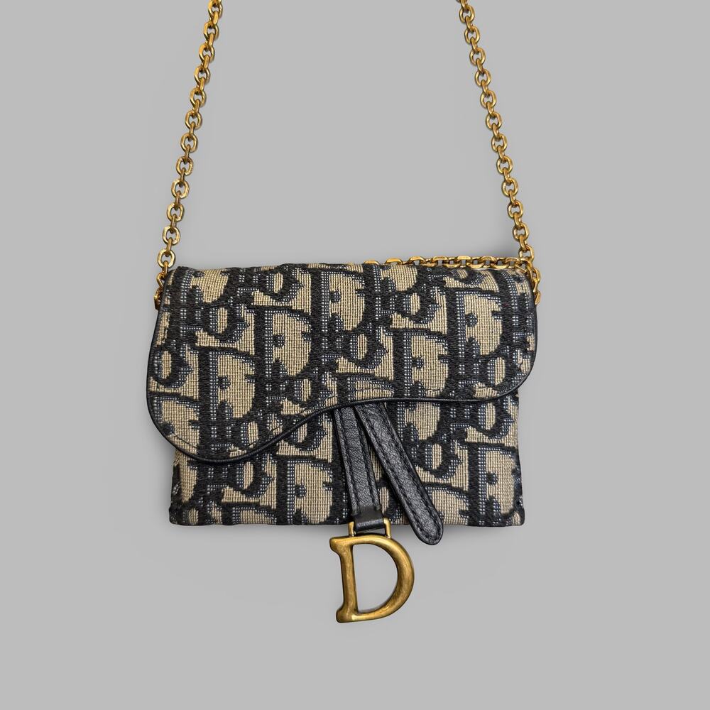 Dior Blue Dior Oblique Jacquard Saddle Nano Pouch With Chain
